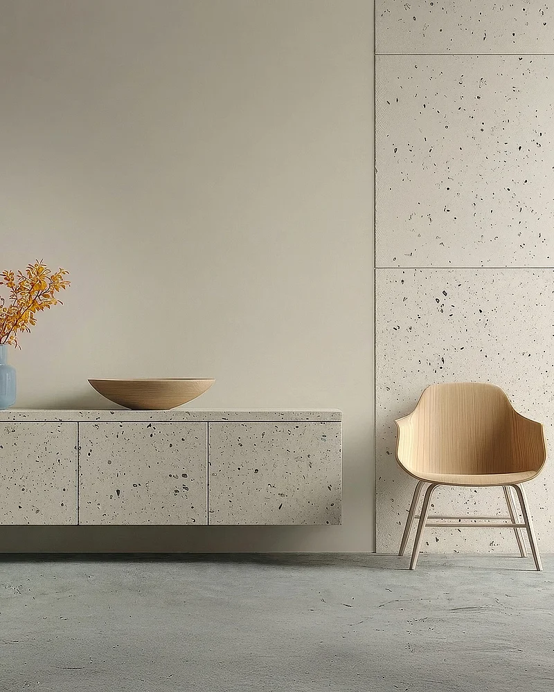 Schwebendes Sideboard und Wandpaneele in Terrazzo-Optik neben einem Holzstuhl: Anwendungsbeispiel für TECHNOCELL®-Sylphia