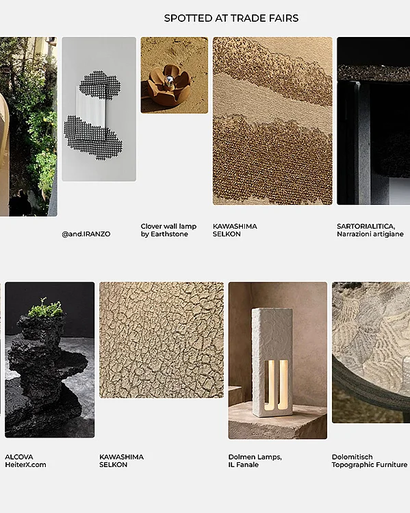 Collage „Spotted at Trade Fairs“ mit Messefundstücken in Stein- und Erdoptik: Leuchten, Möbel und Wandobjekte mit rauen, rissigen und sandigen Oberflächen
