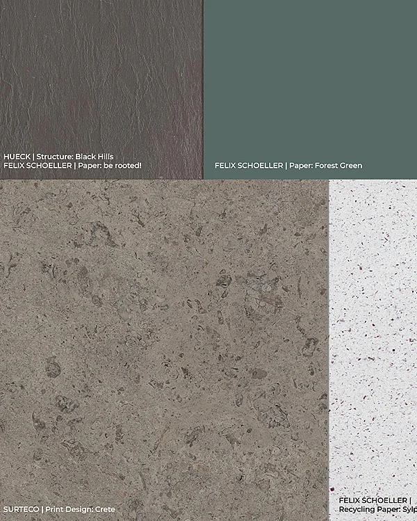 Oberflächenmuster zur Trend Story Grounded: Struktur Black Hills von HUECK, Papier Forest Green, Druckdekor Crete von SURTECO und TECHNOCELL®-Sylphia