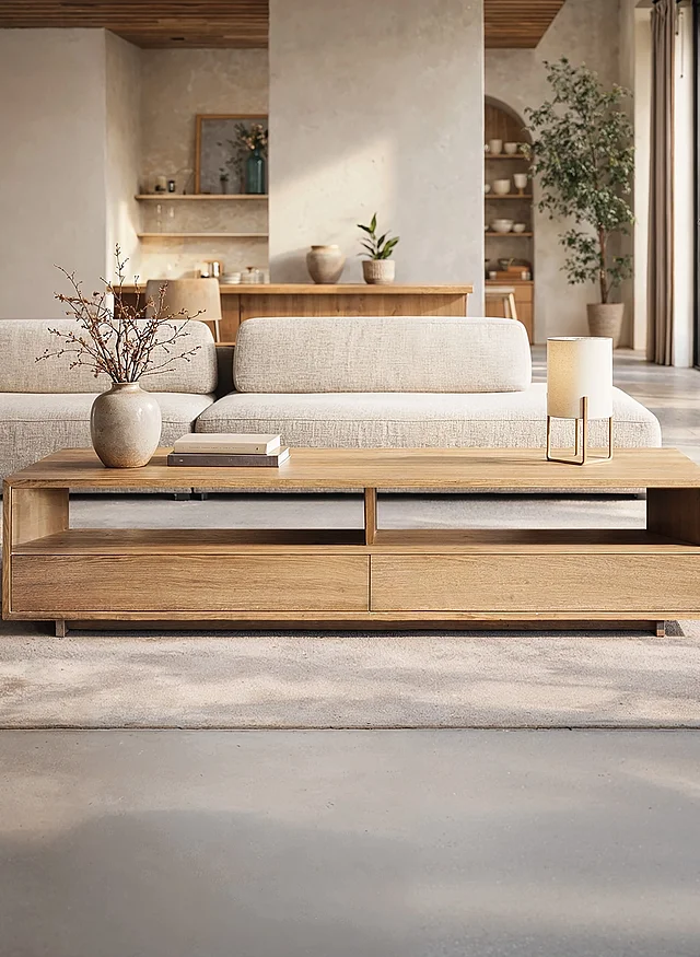 Wohnzimmer in warmen, neutralen Tönen mit beigem Sofa, einem Couchtisch aus Holz mit offenem Fach und Schubladen, darauf eine Vase mit Zweigen, Büchern und einer Lampe mit Stoffschirm. Im Hintergrund Regale mit Keramik und eine Zimmerpflanze.