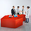 Four Felix Schoeller employees stand around a table in the shape of an arrow, on which chemical utensils are placed