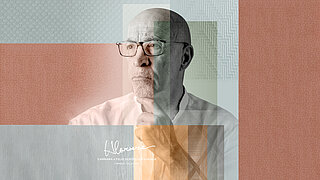 Keyvisual der 'CARRARA x FELIX SCHOELLER x HUECK Capsule Collection' – Porträt eines Designers mit Brille vor einer kunstvollen Collage aus verschiedenen Materialtexturen.
