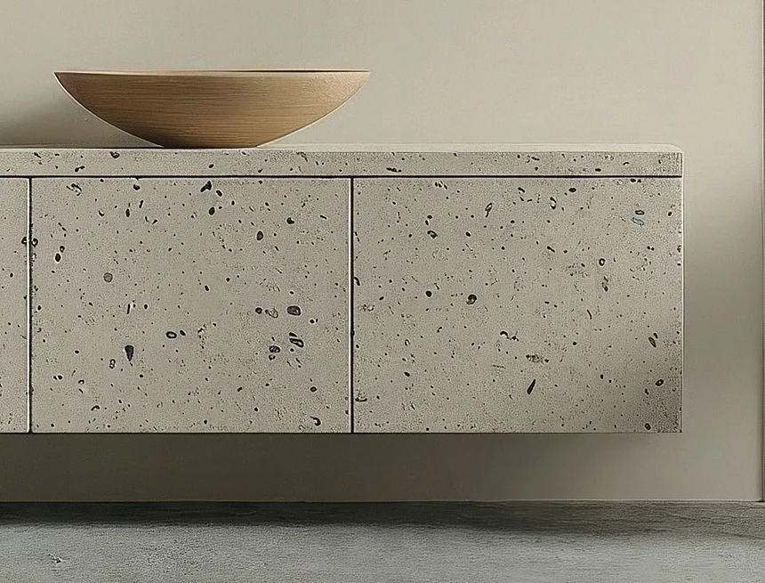 Wohnzimmer mit Sideboard in heller Terrazzo-Optik und gelben Trockenblumen in einer Vase