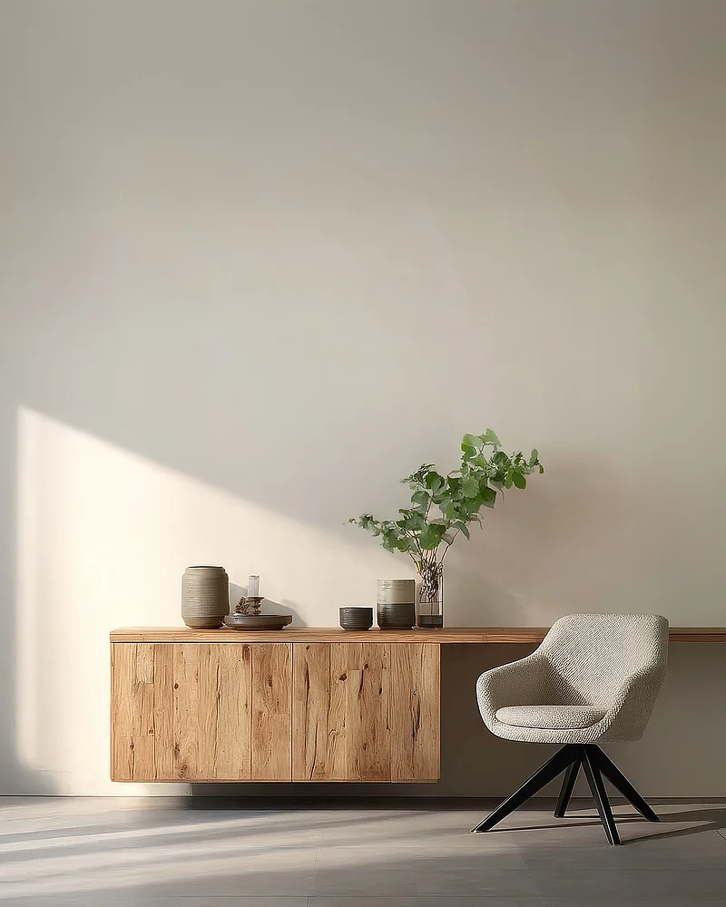 Schwebendes Sideboard in rustikaler Holzoptik mit Keramikvasen und Sessel im Bouclé-Stoff: Anwendungsbeispiel für TECHNOCELL®-Recycle