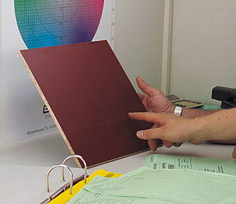 Two men looking at color samples